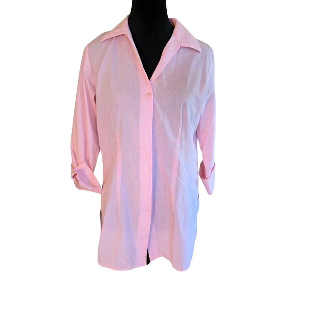 RAG Pink Button Down Tunic Shirt Womens Medium 3/4 Sleeve Side Slit Lightweight